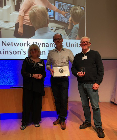 Professor Tilli Tansey (left) presenting, on behalf of Understanding Animal Research, Professor Peter Magill (centre) and Professor Paul Bolam (right) with the 2018 Openness Award in Public Engagement Activity.