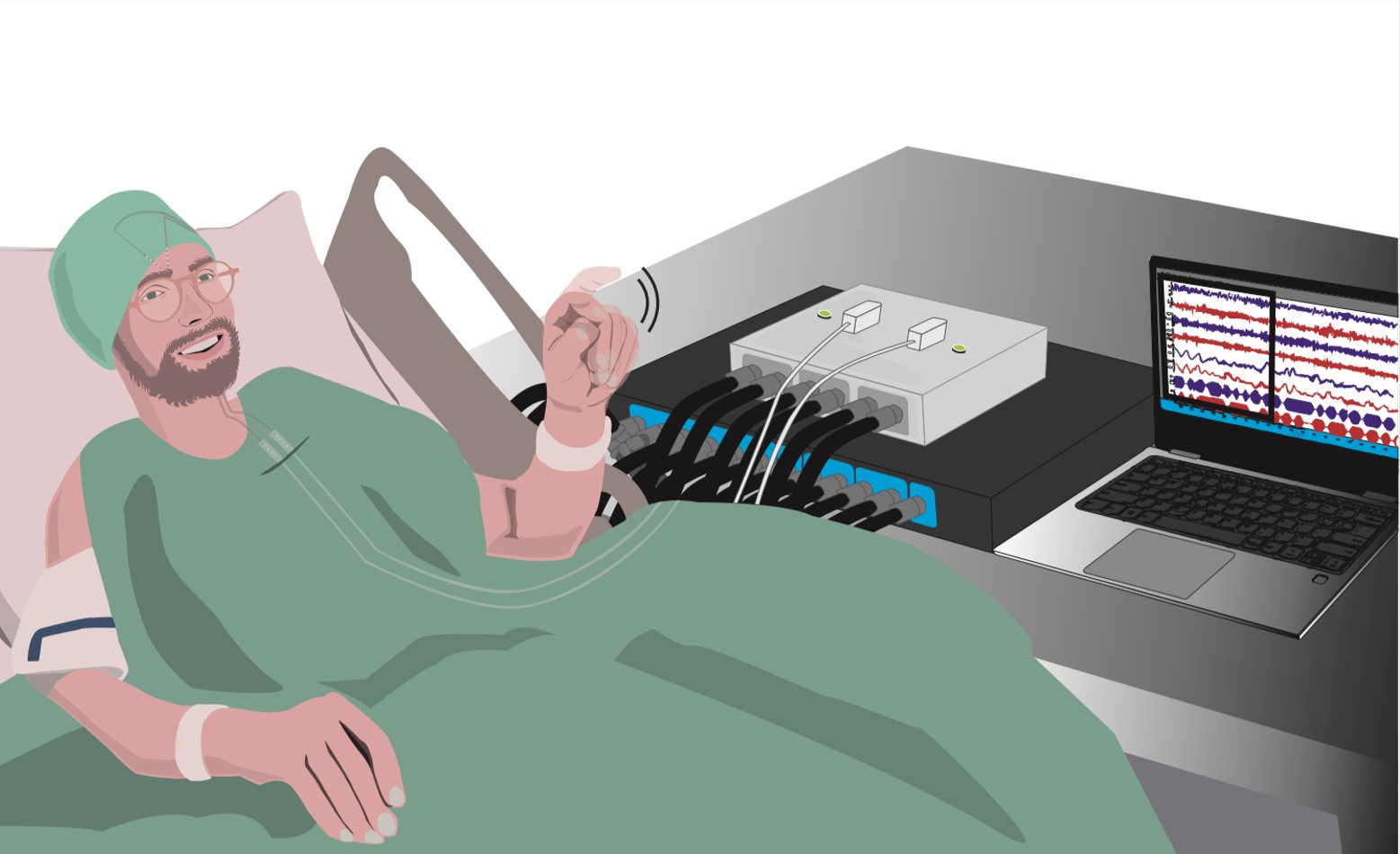 Drawing of study participant lying on bed and performing finger movements. The participant’s brain activity is also being recorded.