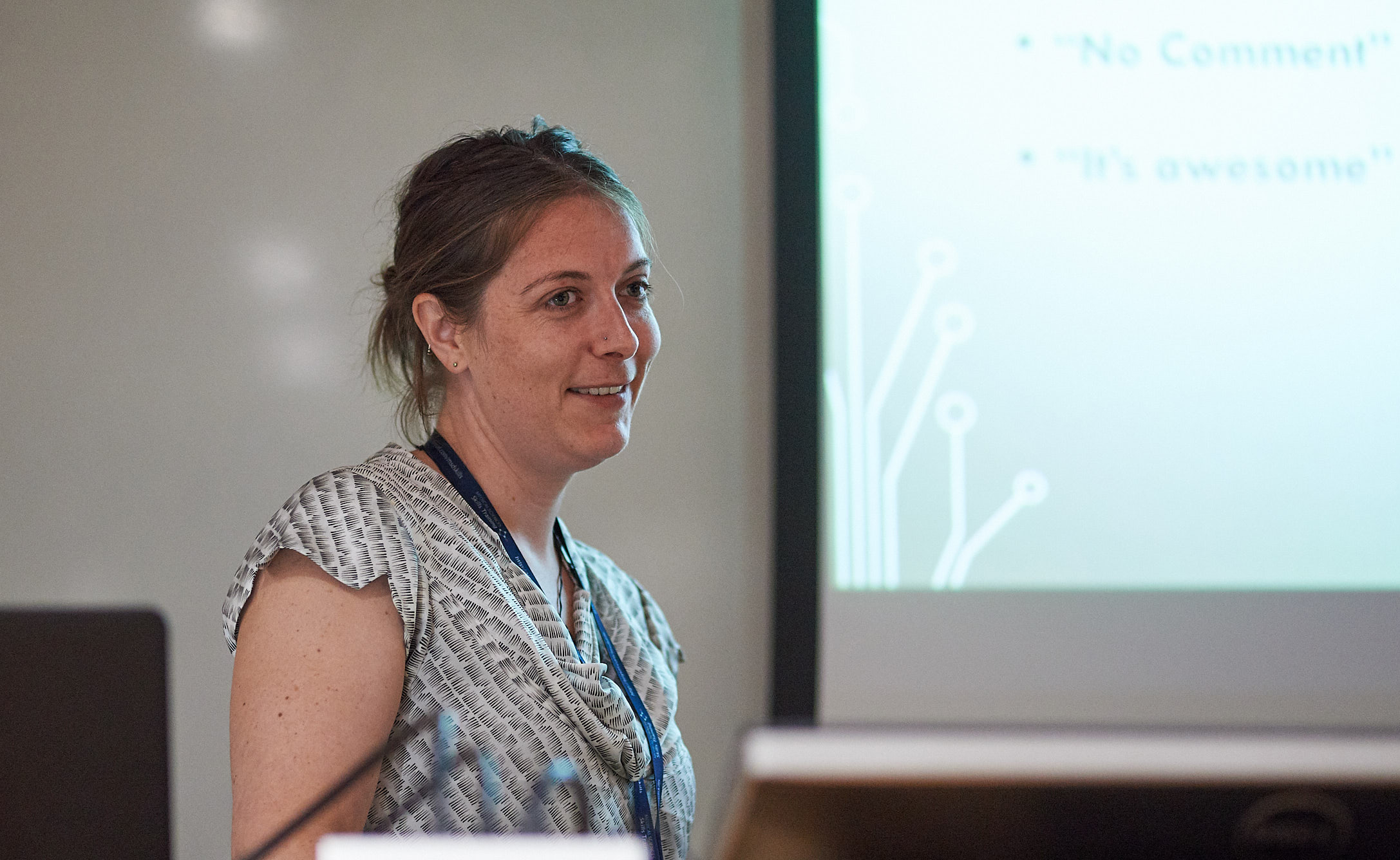 Unit postdoctoral scientist Amy Wolff takes questions from the audience after her presentation on custom-designed approaches to quantifying behaviour.