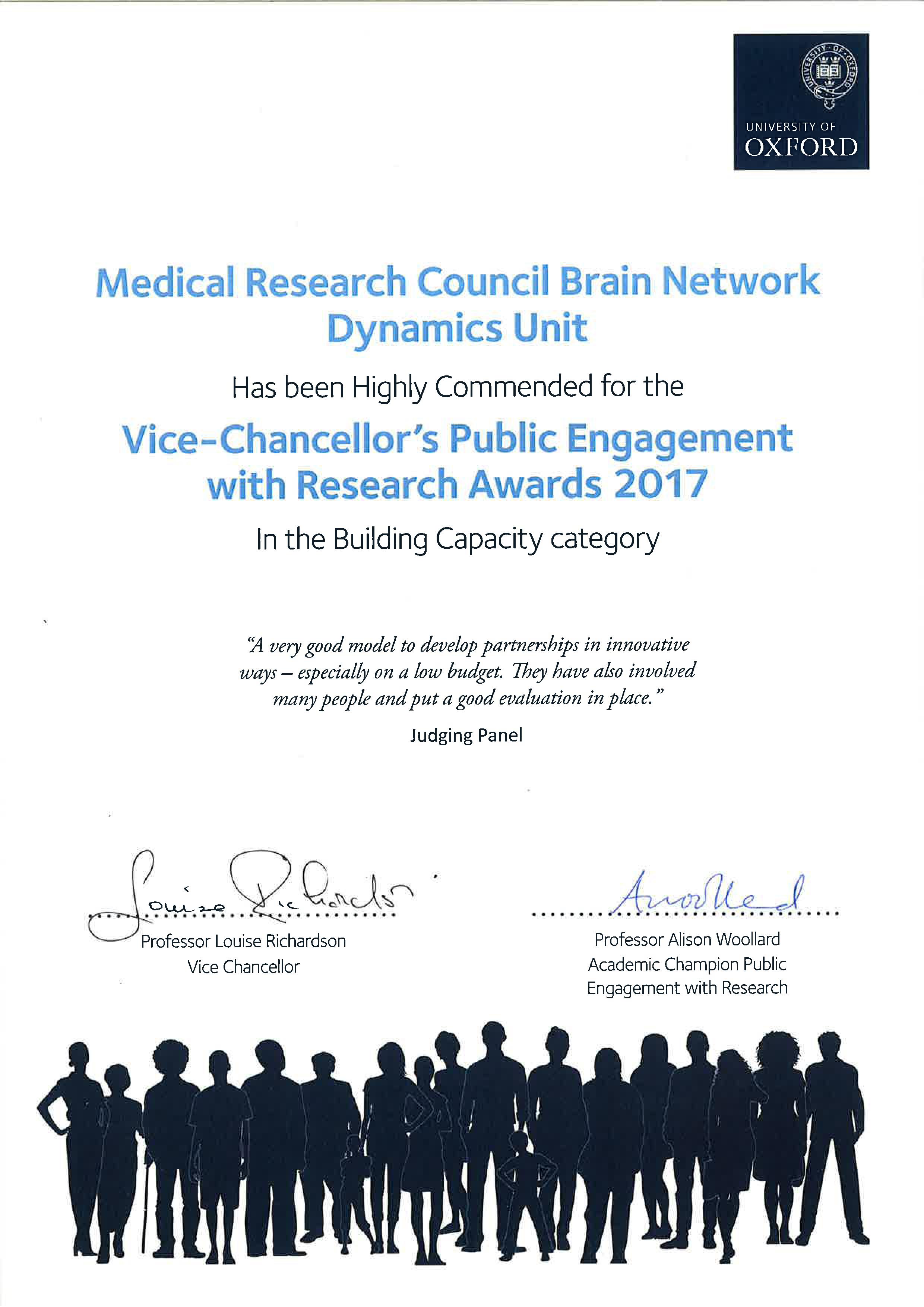 Certificate given in recognition of the Unit’s achievements in Public Engagement with Research