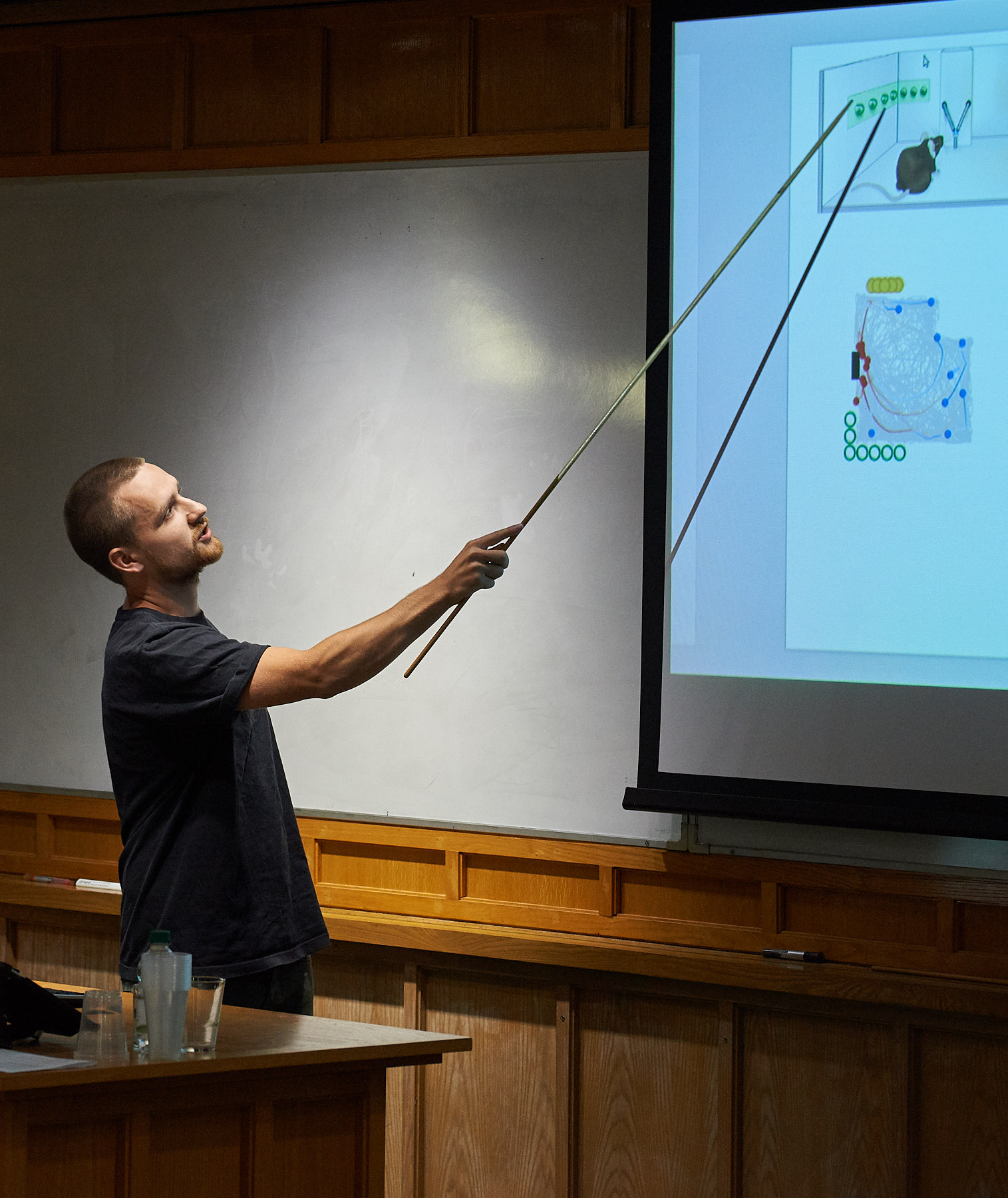 Unit student Alex Morley talks the audience through some of the sophisticated behavioural experiments in his research.