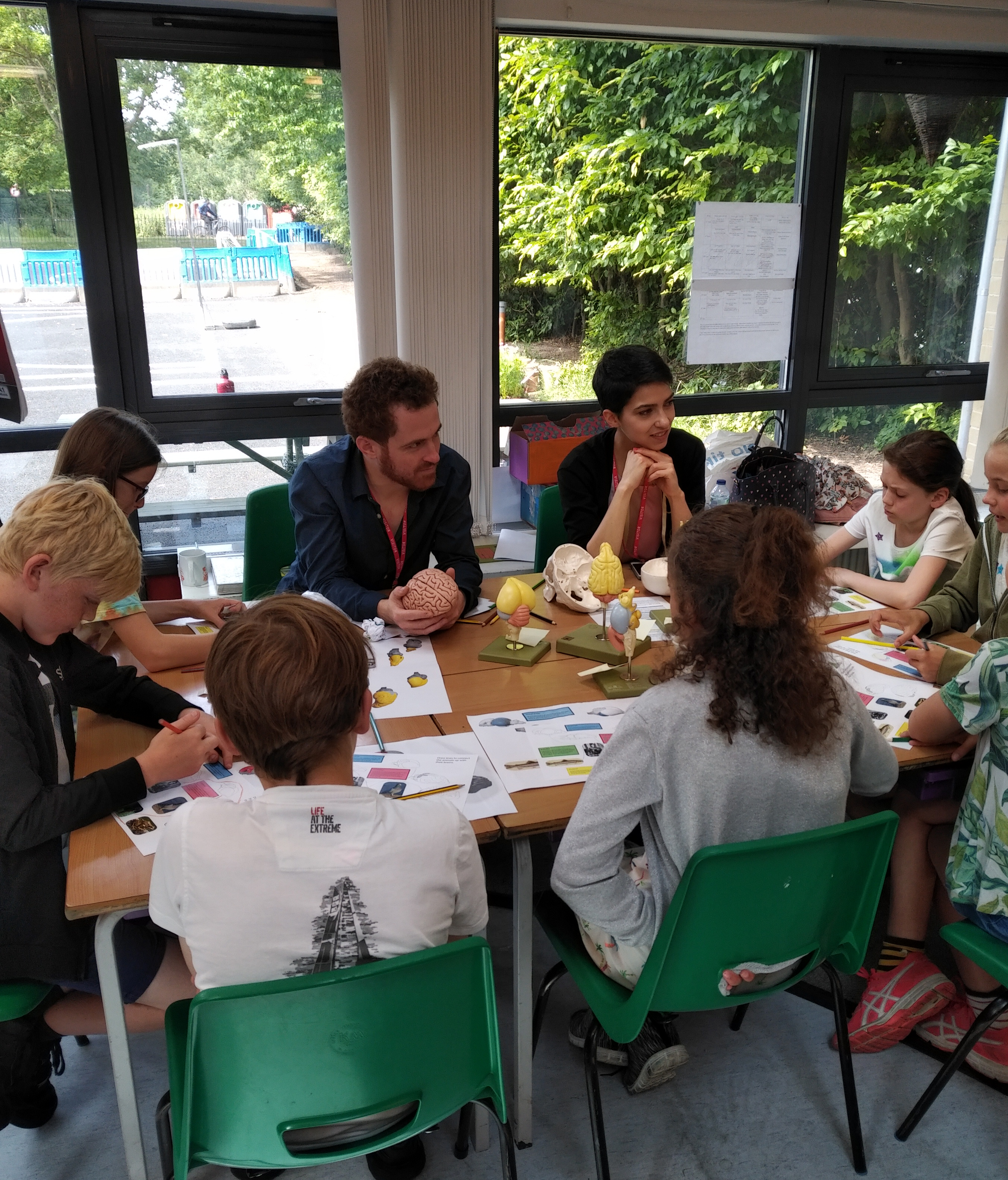 Unit scientists Eszter Kormann and Julien Carponcy guide pupils as they compare the brains of different vertebrates.