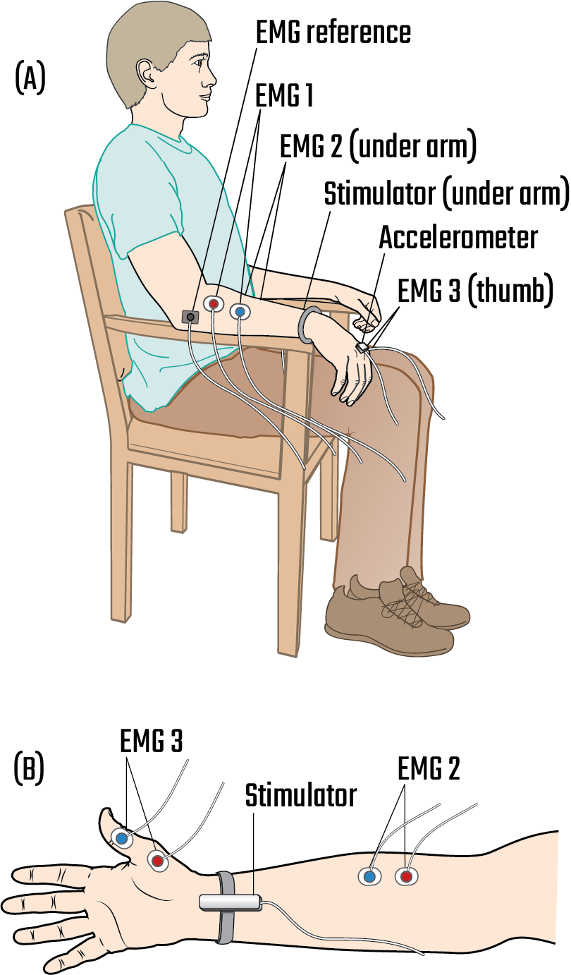 The upper panel shows a drawing of a study participant siting in a chair. The bottom panel shows a drawing of the underside of a hand and arm of the participant. Both drawings have labels pointing to small devices placed on the participant’s hand and arm for the purposes of the experiments. 