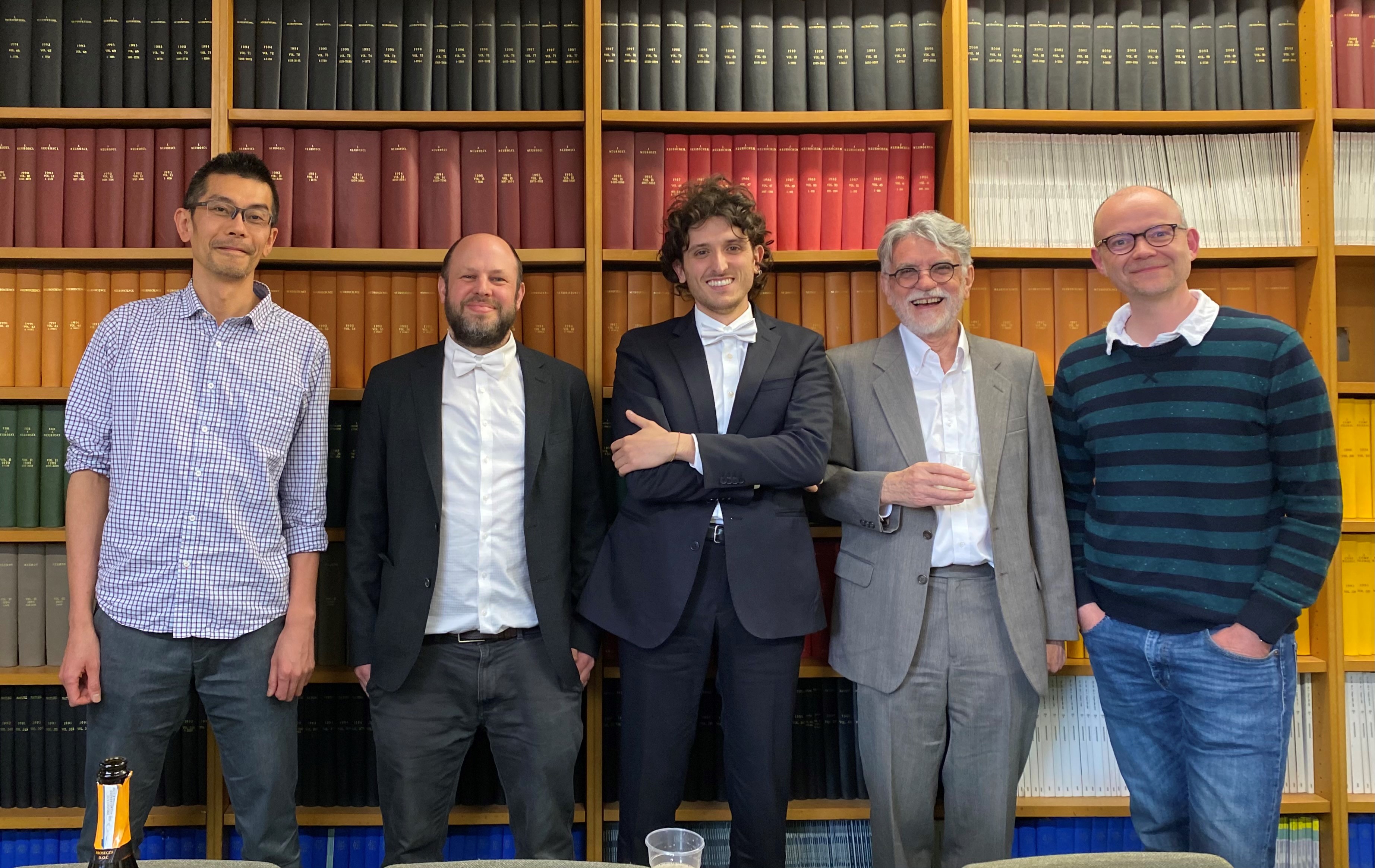 Photo of (from left to right) Dr. Kouichi Nakamura, Associate Professor Andrew Sharott, Giulio Spagnol, Professor Gordon Arbuthnott and Professor Peter Magill 