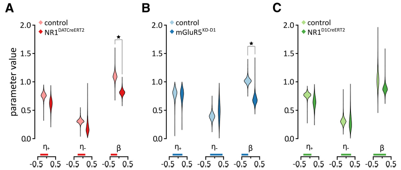 Estimated values of parameters of a reinforcement learning model