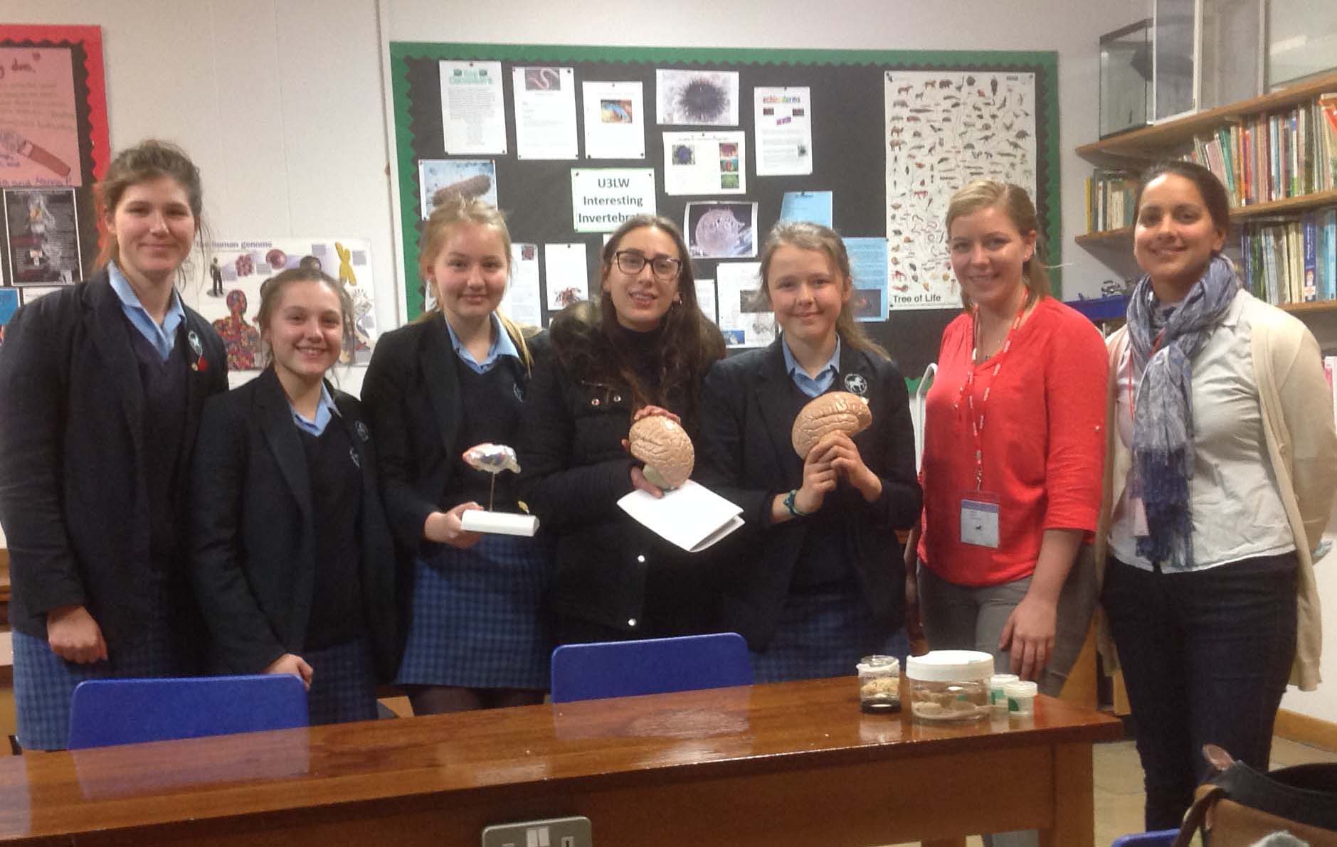 Natalie Doig and Emilie Syed with pupils at the Headington School Biology Club.