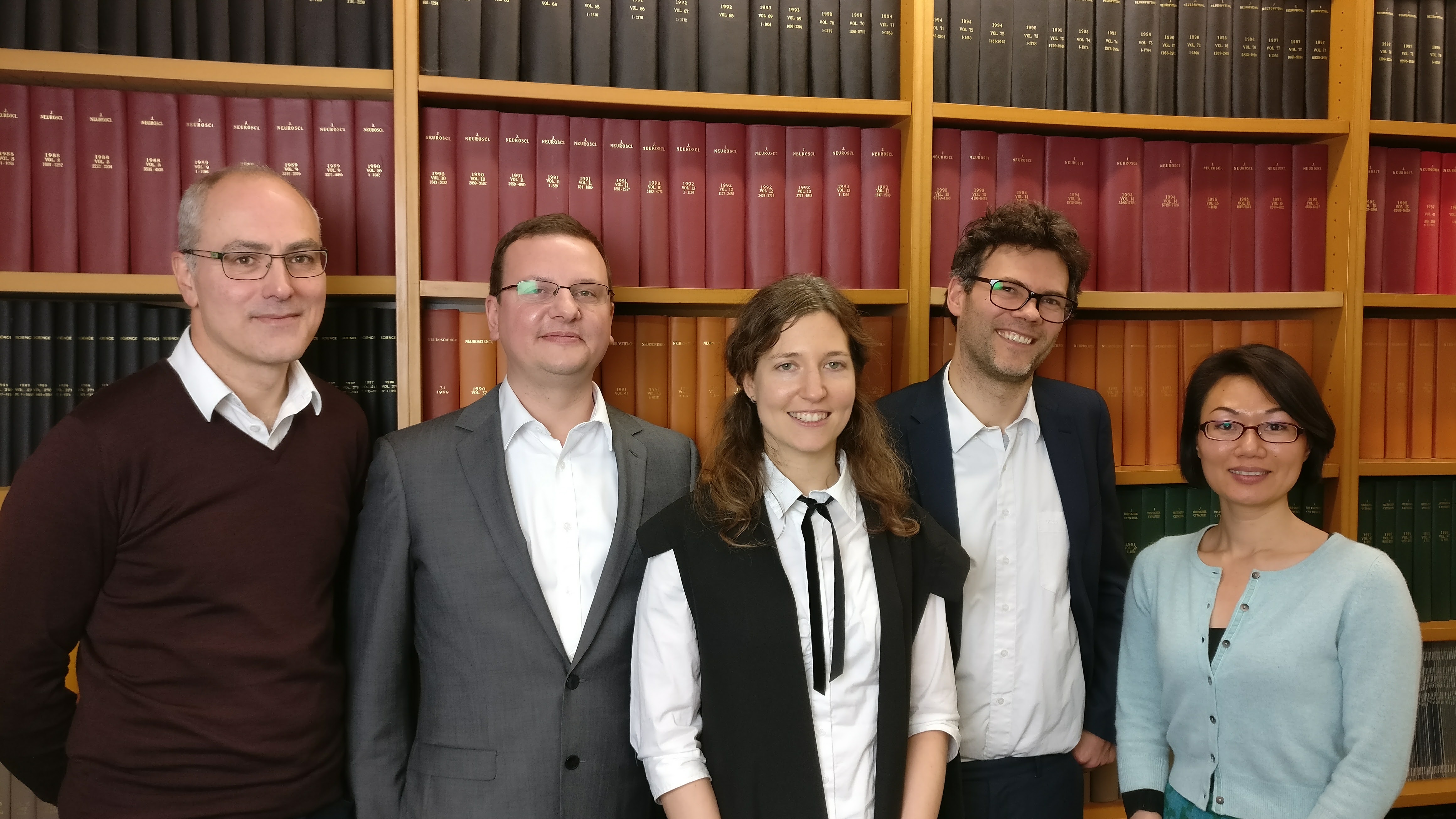 After the viva: (from left to right) a proud supervisor, a satisfied External Examiner, the happy student, a second satisfied Examiner, and another proud supervisor.