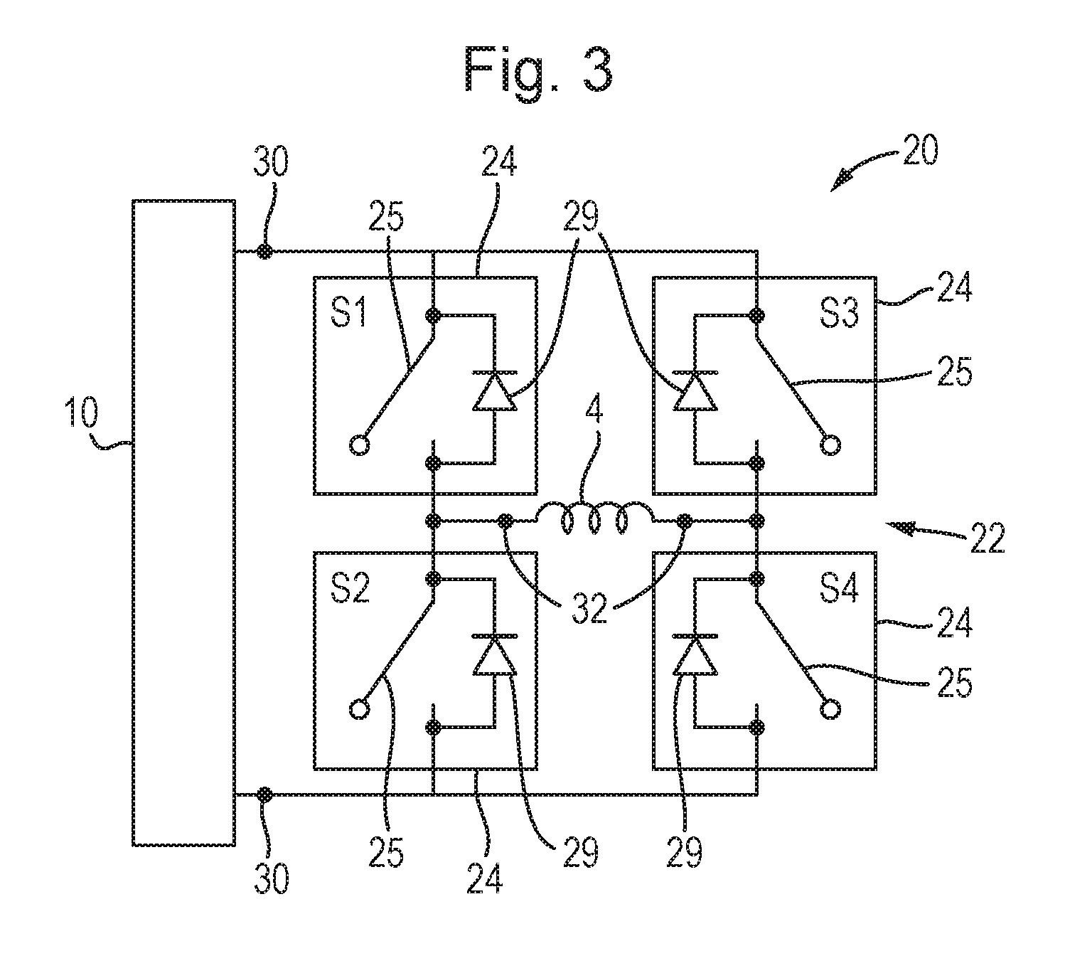 Figure 3 from the patent application: electronics symbols are labelled with numbers in a diagram explaining the magnetic stimulation circuit.