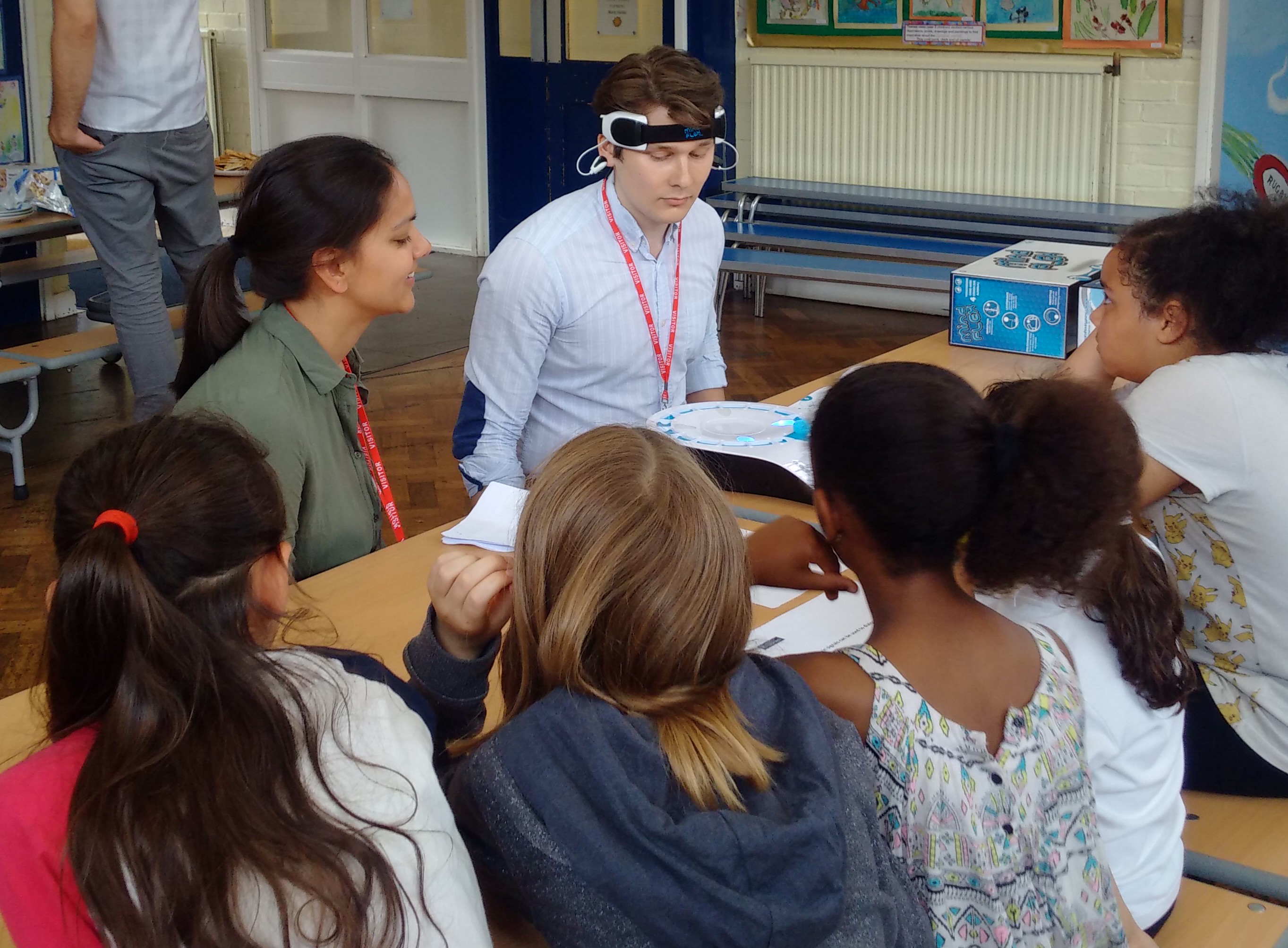 Unit scientists Dr Emilie Syed (left) and Vadim Koren (centre) engage pupils with a live demonstration of brain power!