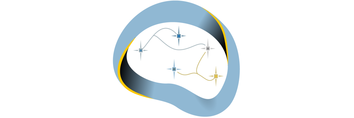 a blue ribbon encloses space that resembles the shape of a brain, with nerve cell networks inside, resembling the folding on the surface of a brain