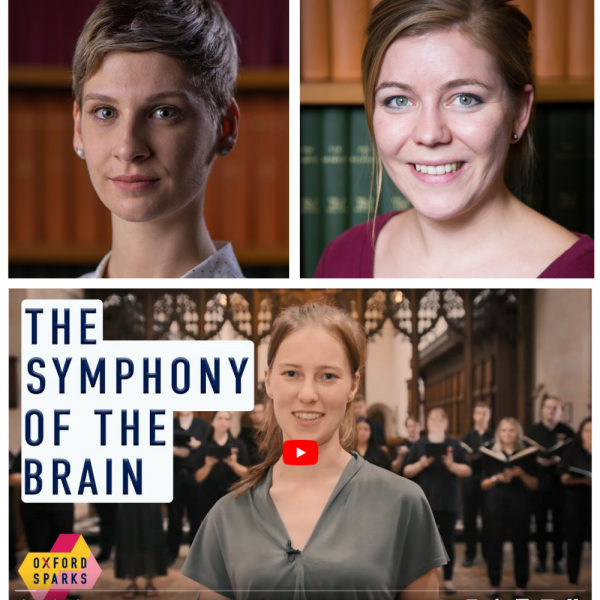 Portrait photos of Camille Lasbareilles (left, top) and Natalie Doig (right, top), and a screenshot from the Symphony of the Brain video (bottom).