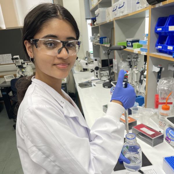 Photo of a visiting In2scienceUK school pupil working at a lab bench.