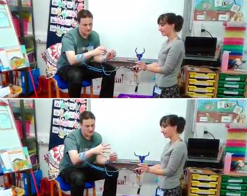 stills from video showing a primary school demonstration of electrodes placed on an arm controlling a robot claw