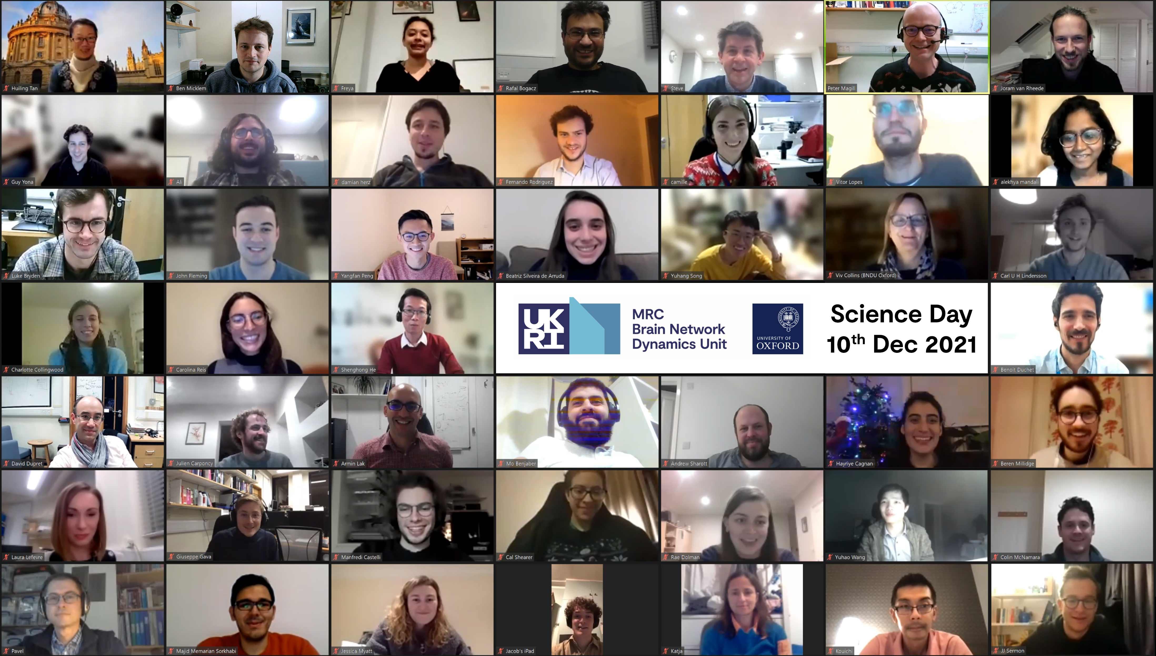 Zoo screenshot showing webcam images of smiling faces of those taking part in the Science Day event on 10th December 2021.