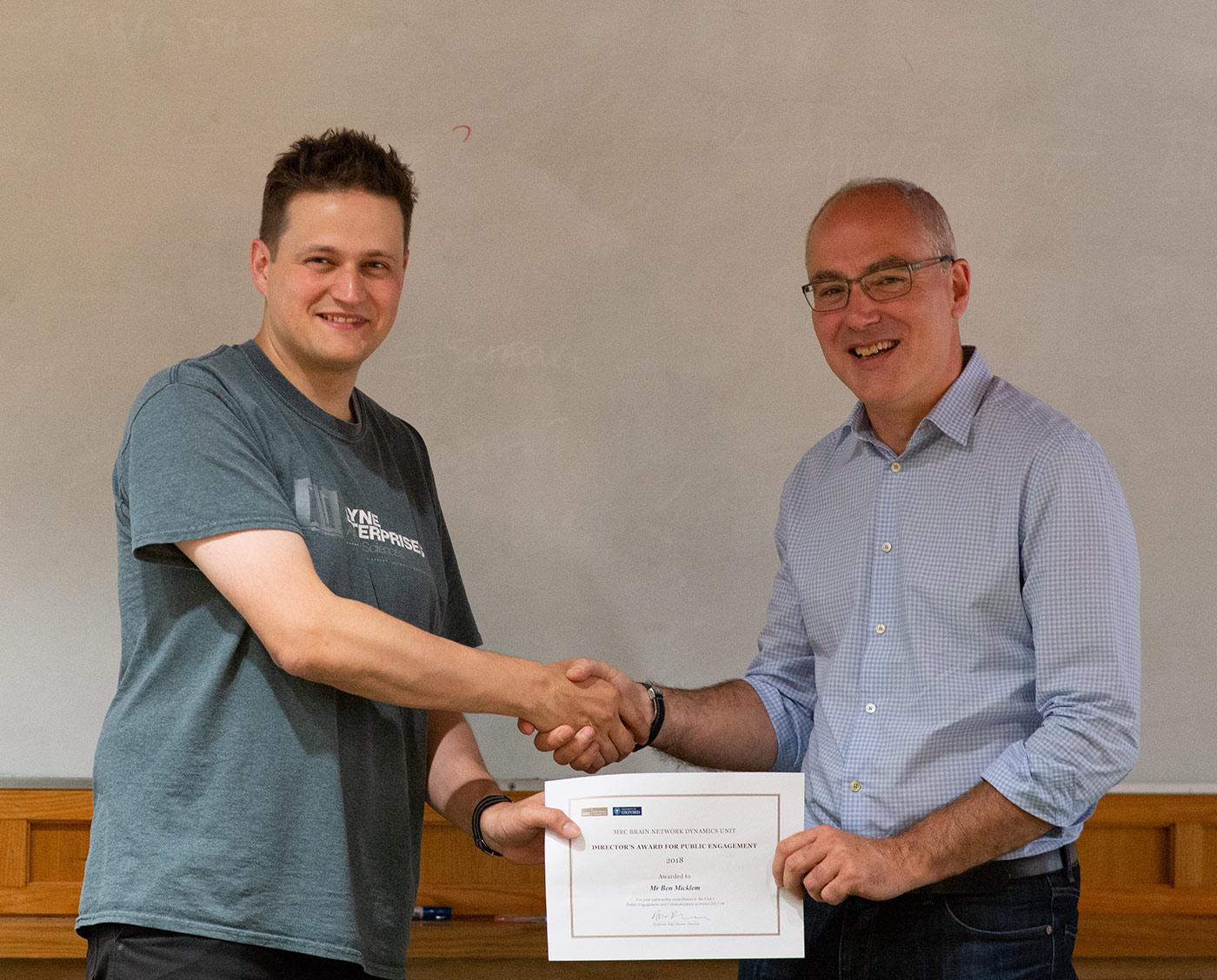 Professor Peter Brown (right) with Mr Ben Micklem (left), winner of the Director’s Award for Public Engagement for 2018.