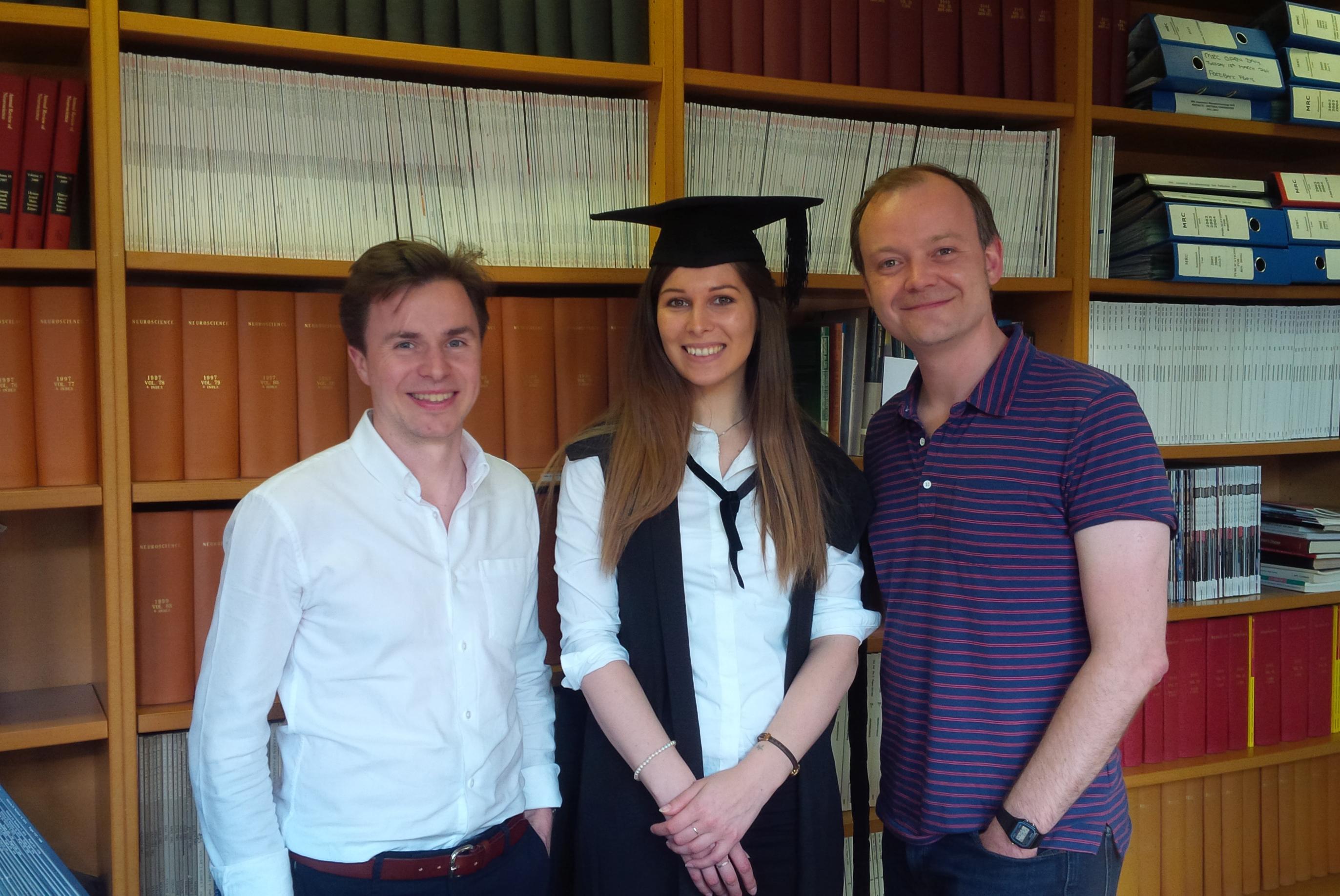 After the viva: (from left to right) the satisfied External Examiner, the happy student, and a proud supervisor. After the viva: (from left to right) the satisfied External Examiner, the happy student, and a proud supervisor.