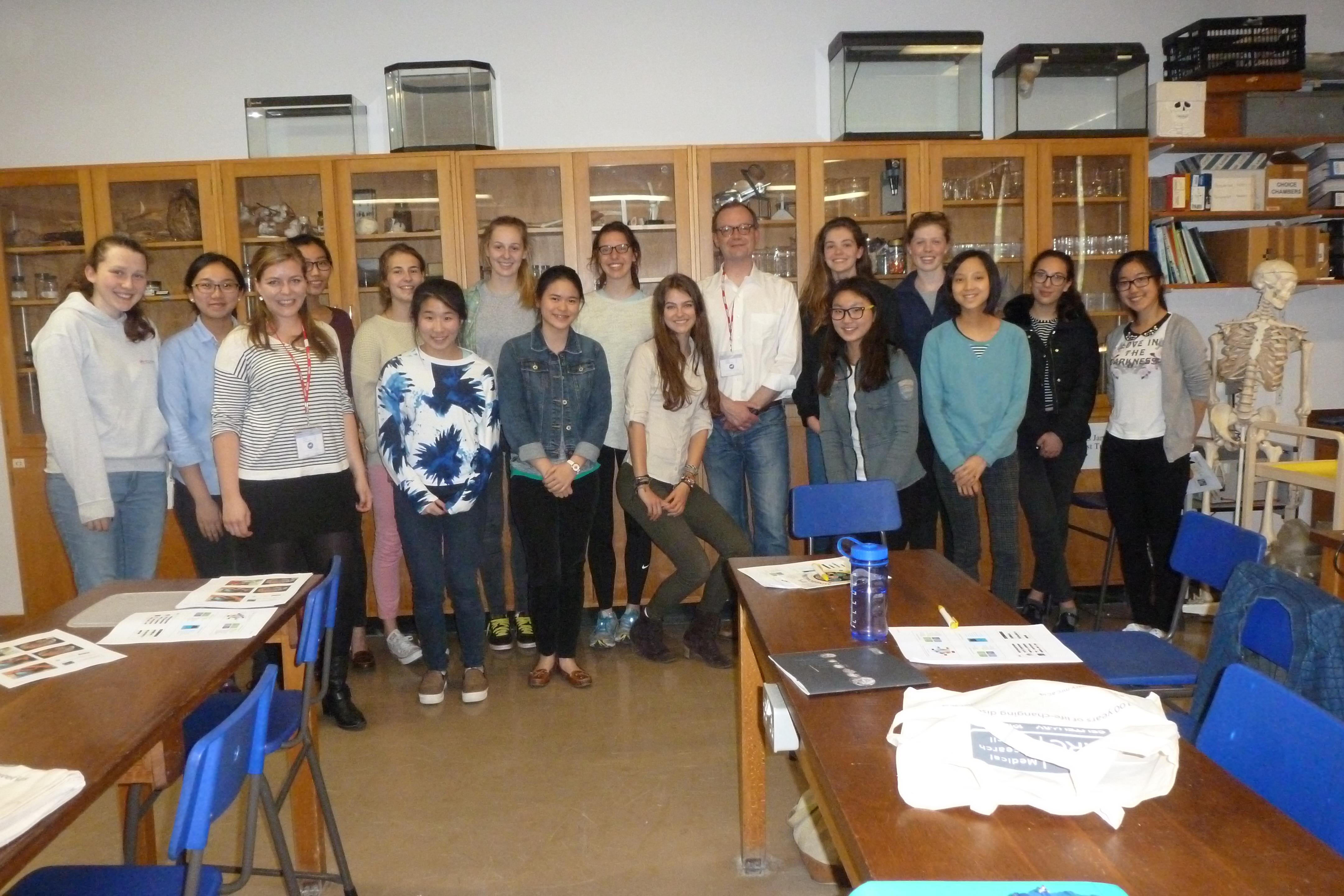 Natalie Doig and Peter Magill with the students at Headington Girls School