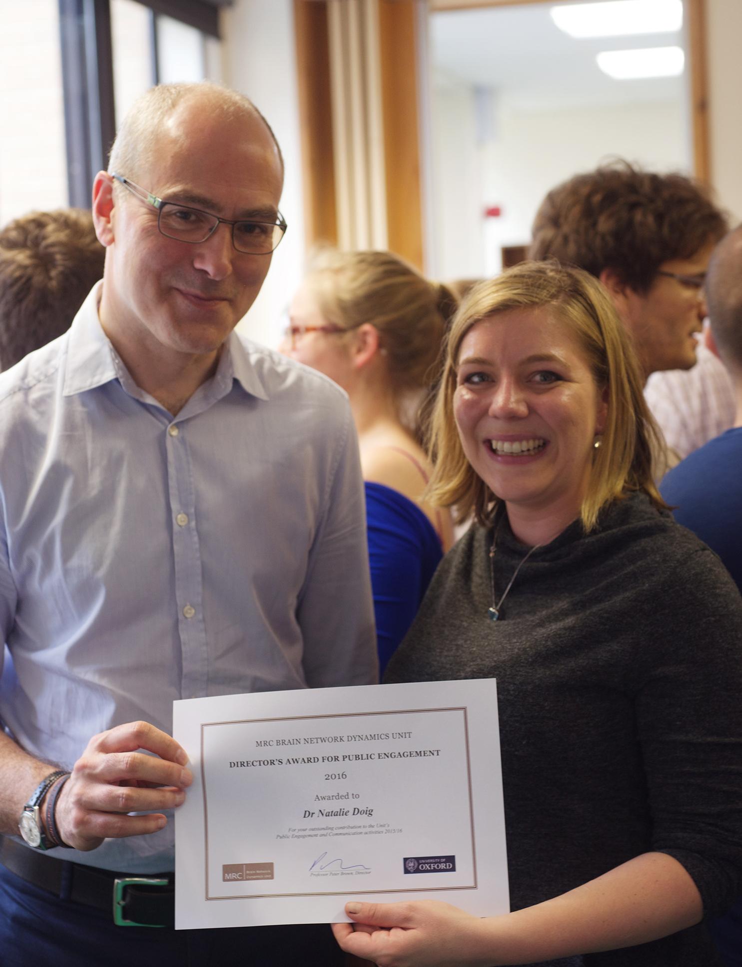 Professor Peter Brown, Unit Director, with Dr Natalie Doig, winner of the 2016 Director’s Award for Public Engagement. Professor Peter Brown, Unit Director, with Dr Natalie Doig, winner of the 2016 Director’s Award for Public Engagement.