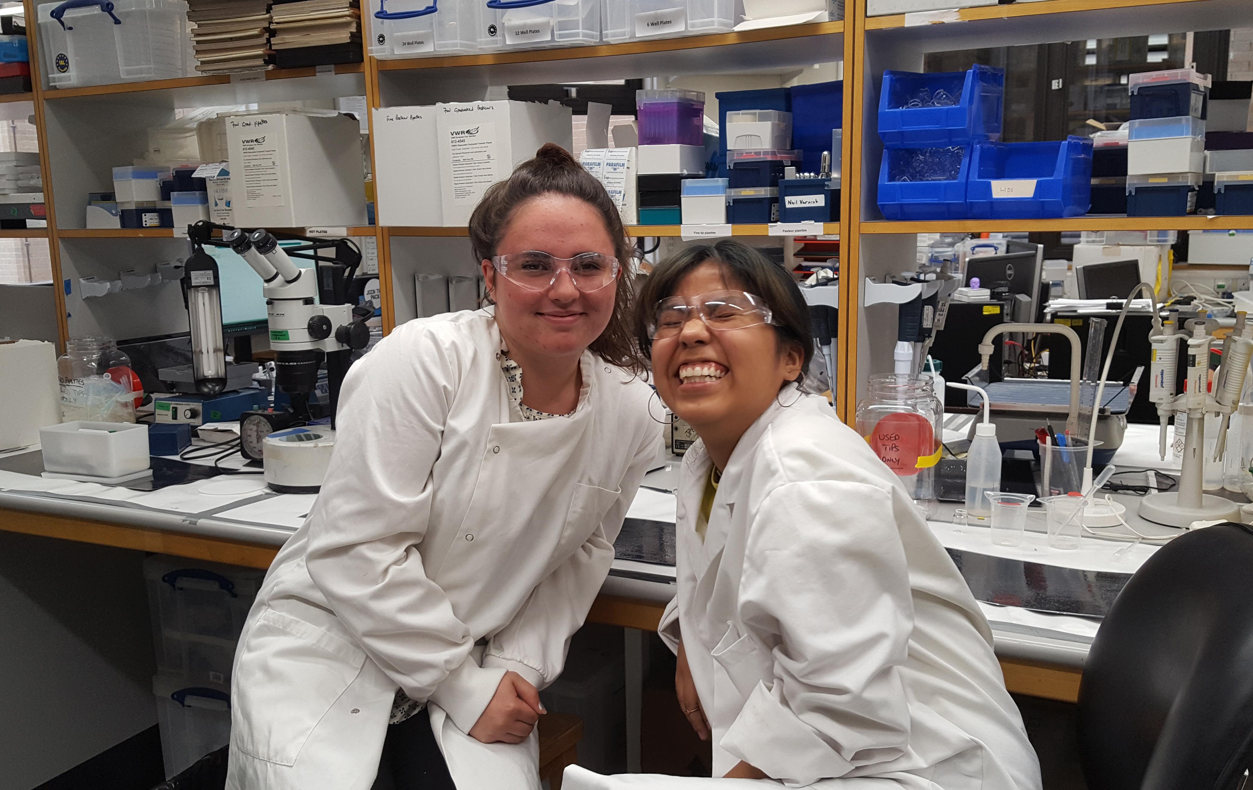 Happy in2scienceUK students Chloe and Kim at the end of their work-experience placements at the MRC BNDU.